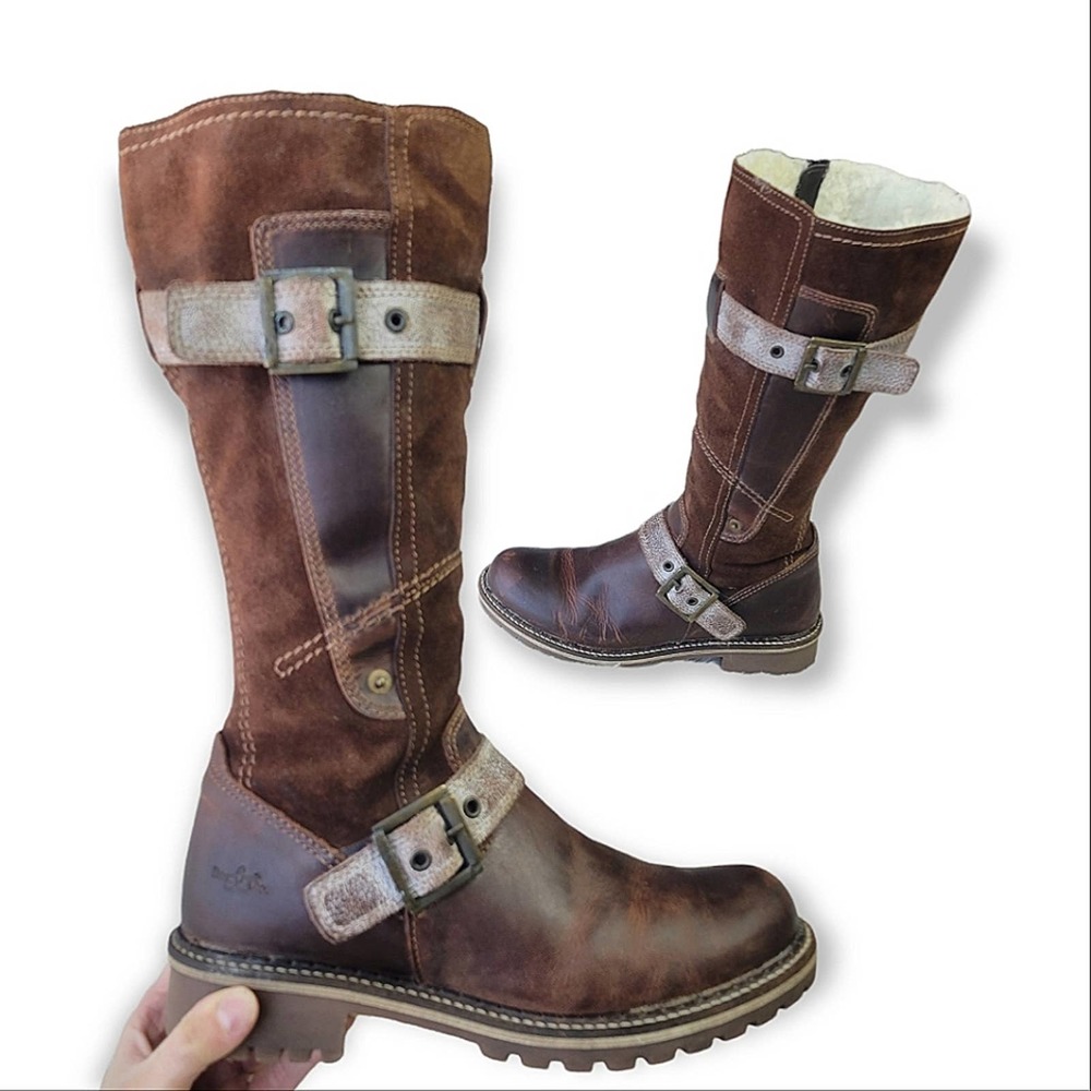 Women's Brown Leather Suede Mid-Calf Buckle Winter Boots